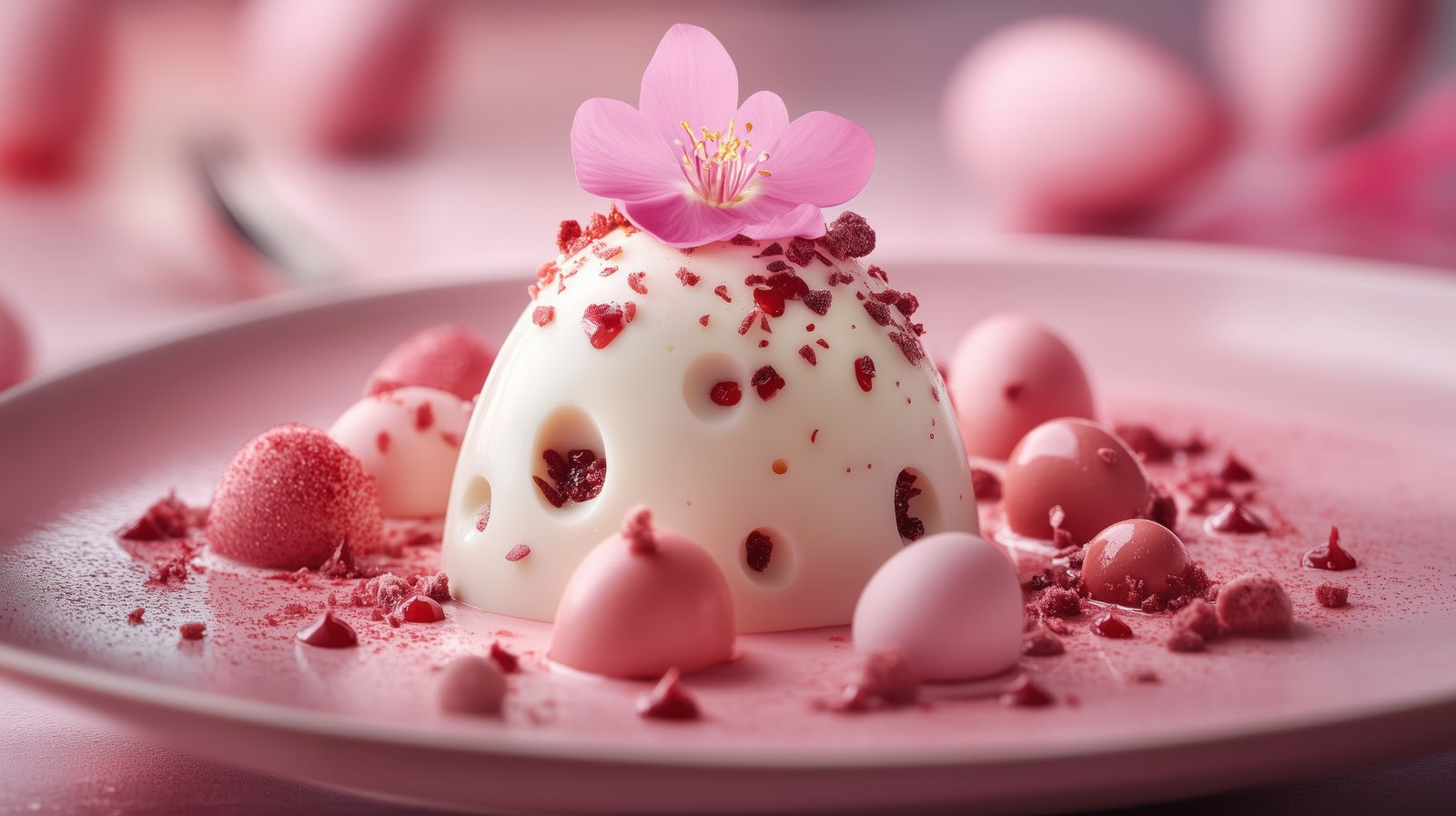 Elegant dessert presented with pink decorations and a flower at a dining setting
